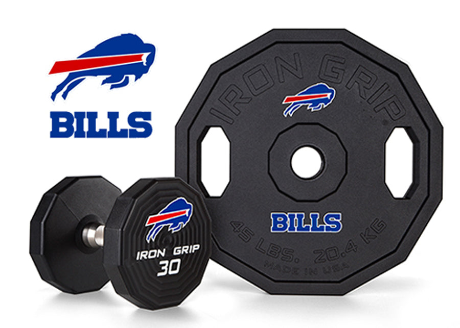 Iron Grip Urethane Encased Olympic Plate and Dumbbell with Buffalo Bills Logo.