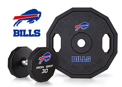 Iron Grip Urethane Encased Olympic Plate and Dumbbell with Buffalo Bills Logo.