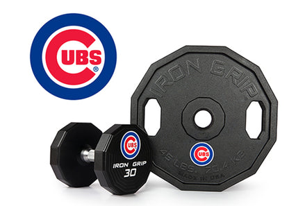Iron Grip Urethane Encased Olympic Plate and Dumbbell with Chicago Cubs Logo.