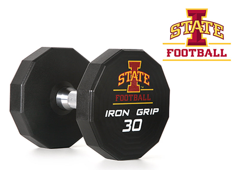 Iron Grip 12 Sided Urethane Encased Dumbbell with Iowa State Football logo.