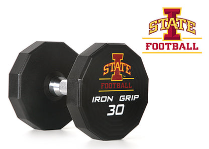 Iron Grip 12 Sided Urethane Encased Dumbbell with Iowa State Football logo.