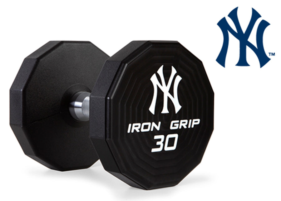 Iron Grip 12 Sided Urethane Encased Dumbbell with New York Yankees logo.