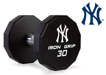 Iron Grip 12 Sided Urethane Encased Dumbbell with New York Yankees logo.