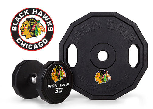 Iron Grip Urethane Encased Olympic Plate and Dumbbell with Chicago Black Hawks Logo.