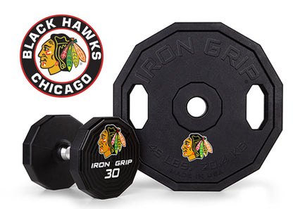 Iron Grip Urethane Encased Olympic Plate and Dumbbell with Chicago Black Hawks Logo.