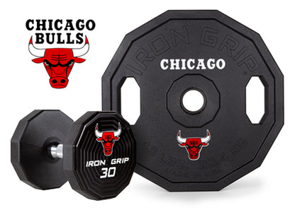 Iron Grip Urethane Encased Olympic Plate and Dumbbell with Chicago Bulls Logo.