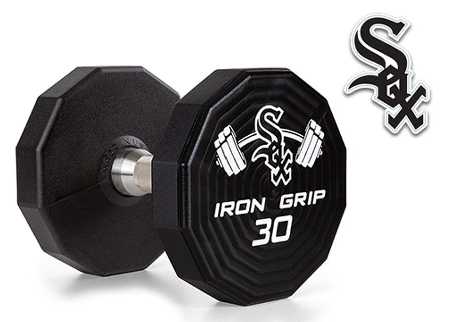 Iron Grip 12 Sided Urethane Encased Dumbbell with Chicago White Sox logo.