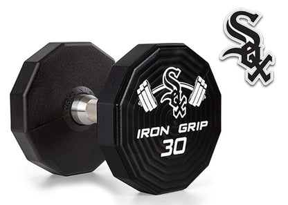 Iron Grip 12 Sided Urethane Encased Dumbbell with Chicago White Sox logo.