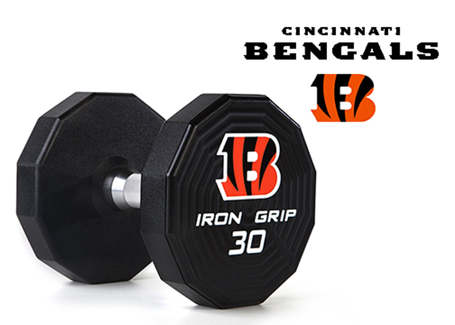 Iron Grip 12 Sided Urethane Encased Dumbbell with Cincinnati Bengals logo.