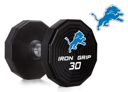 Iron Grip 12 Sided Urethane Encased Dumbbell with Detroit Lions logo.