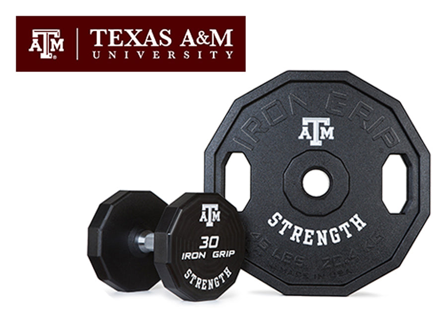 Iron Grip Urethane Encased Olympic Plate and Dumbbell with Texas A&M Logo.