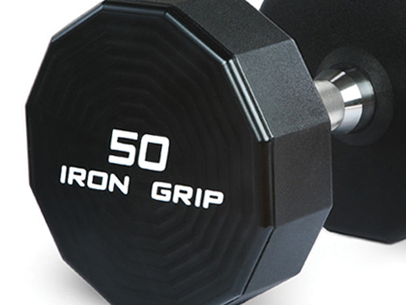Iron Grip 12 Sided 50 lb Urethane Encased Dumbbell close up Made in USA.