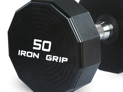 Iron Grip 12 Sided 50 lb Urethane Encased Dumbbell close up Made in USA.