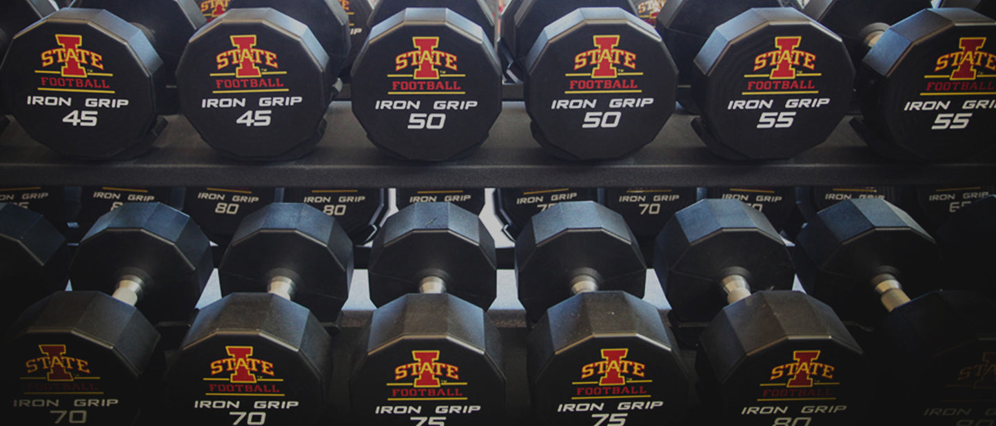 Iron Grip 12 Sided Urethane Encased Dumbbell set with Iowa State Football logo.