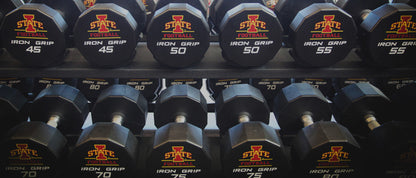 Iron Grip 12 Sided Urethane Encased Dumbbell set with Iowa State Football logo.