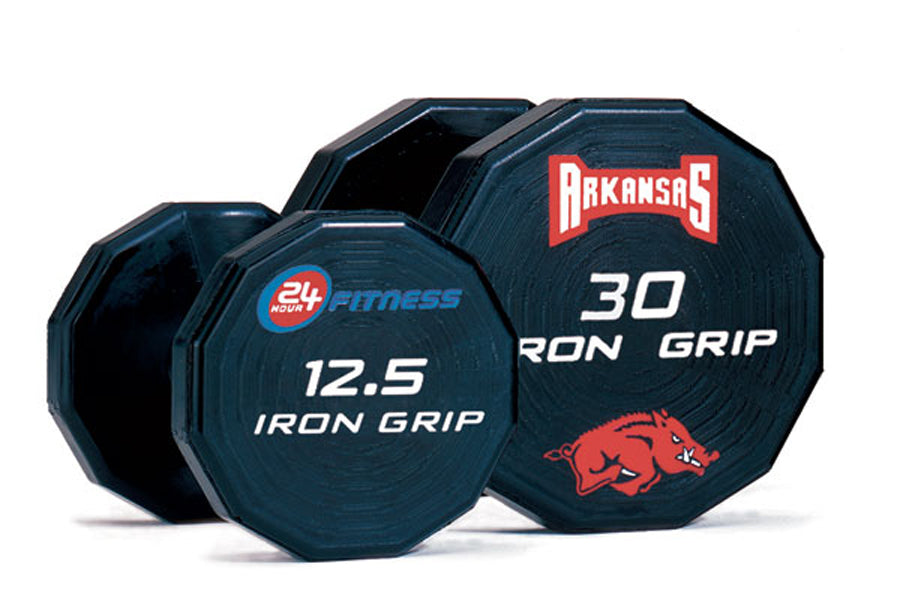 Iron Grip 12 Sided Urethane Encased Dumbbells with 24 Hour Fitness and Arkansas Razorback logo.