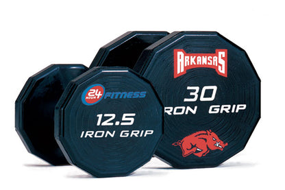 Iron Grip 12 Sided Urethane Encased Dumbbells with 24 Hour Fitness and Arkansas Razorback logo.