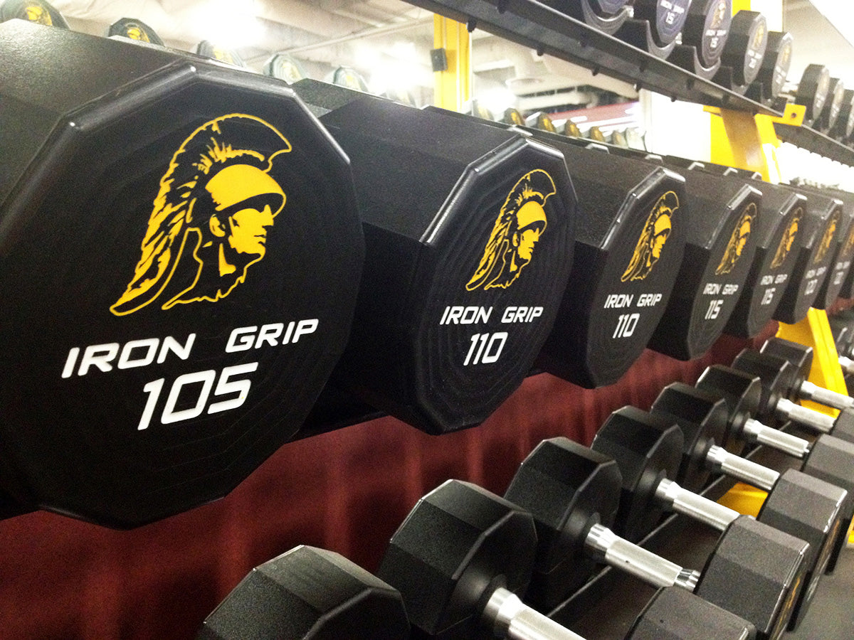Iron Grip 12 Sided Urethane Encased Dumbbells with Spartans logo.