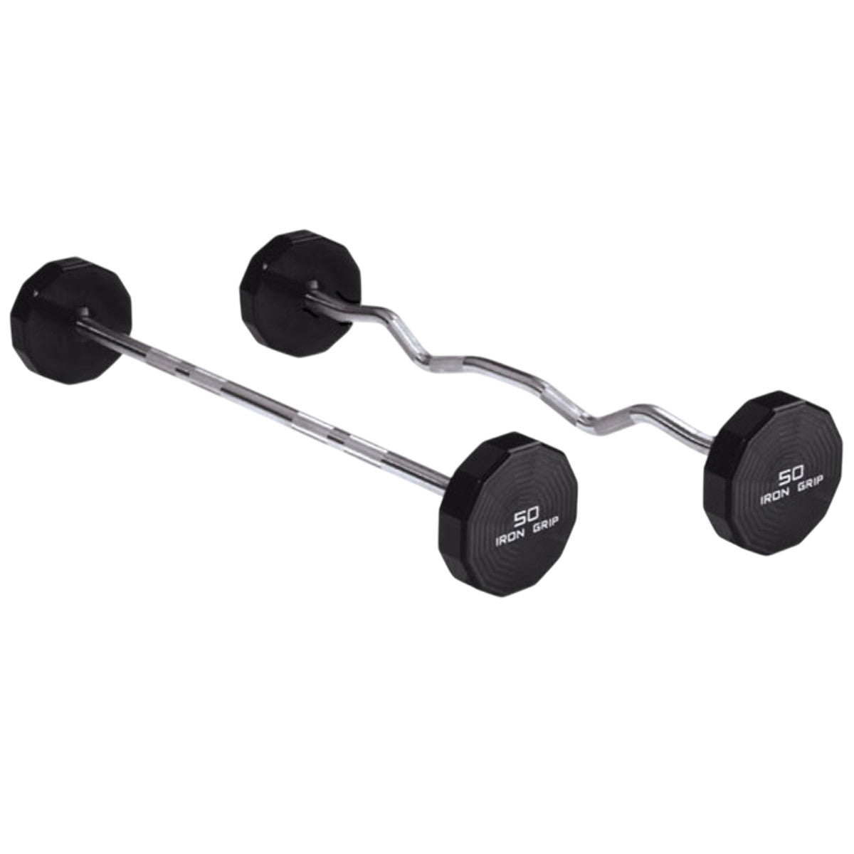 Iron Grip Urethane Straight and EZ Curl Barbells Made in USA.