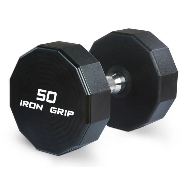 Iron Grip 50lb dumbbell on white background.