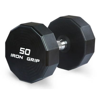 Iron Grip 50lb dumbbell on white background.