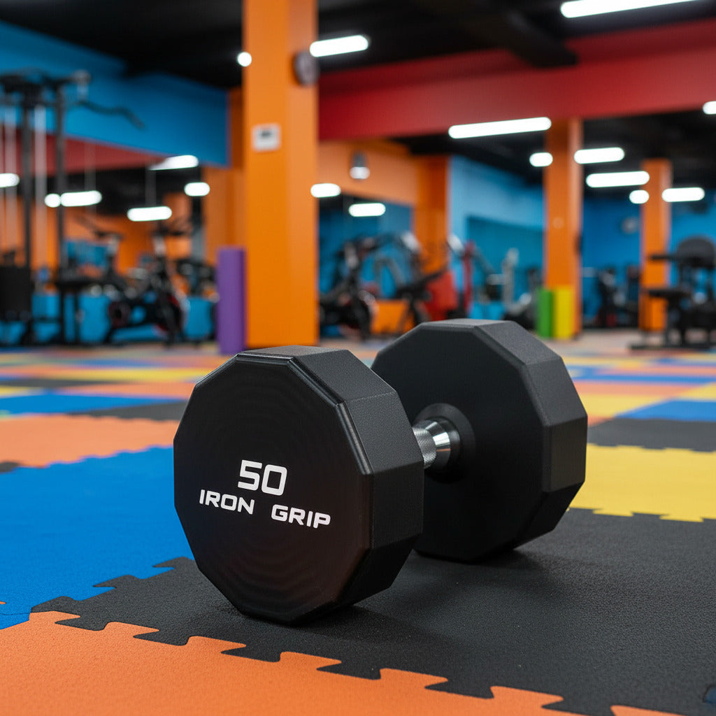 Iron Grip 50lb dumbbell on colorful gym floor.