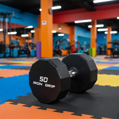 Iron Grip 50lb dumbbell on colorful gym floor.