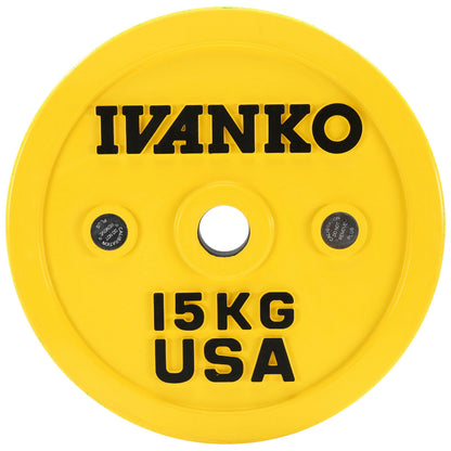 Ivanko OCB Olympic Calibrated Bumper Plates on white background