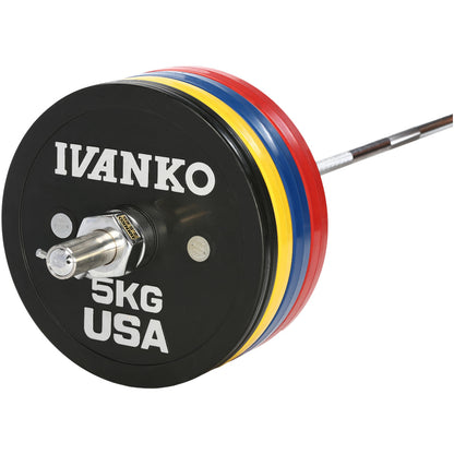 Ivanko OCB Olympic Calibrated Bumper Plates on bar white background