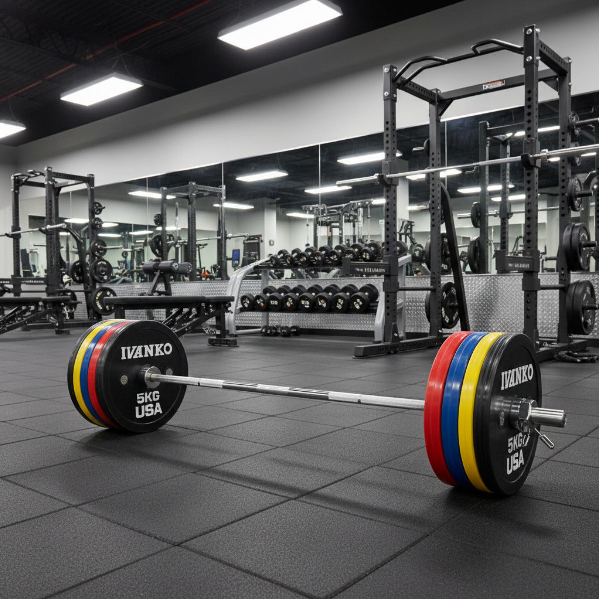 Ivanko OCB Olympic Calibrated Bumper Plates on bar in gym