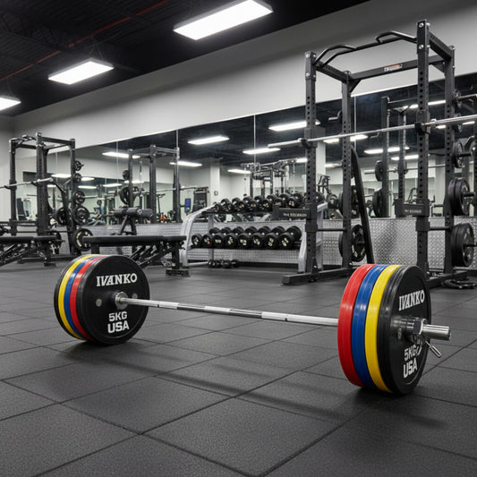 Ivanko OCB Olympic Calibrated Bumper Plates on bar in gym