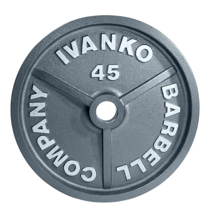 Ivanko Olympic 45 lb 1985 Grey Machined Plate OM Series on white background