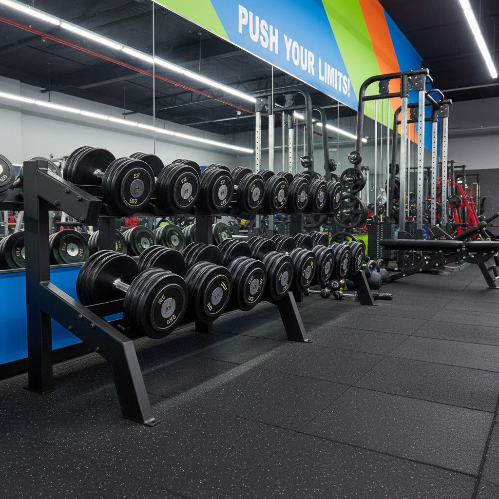 Ivanko RK-8500-KD 10-Pair Double-Level Dumbbell Rack in gym - Made in USA