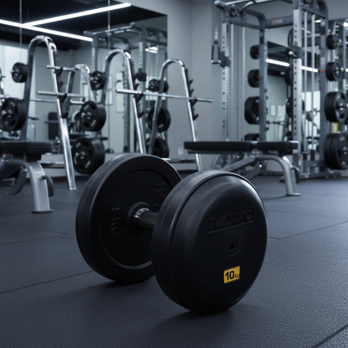 Ivanko RUB/EPR-KG Rubber-Encased Dumbbells in KG with Black Handles in gym