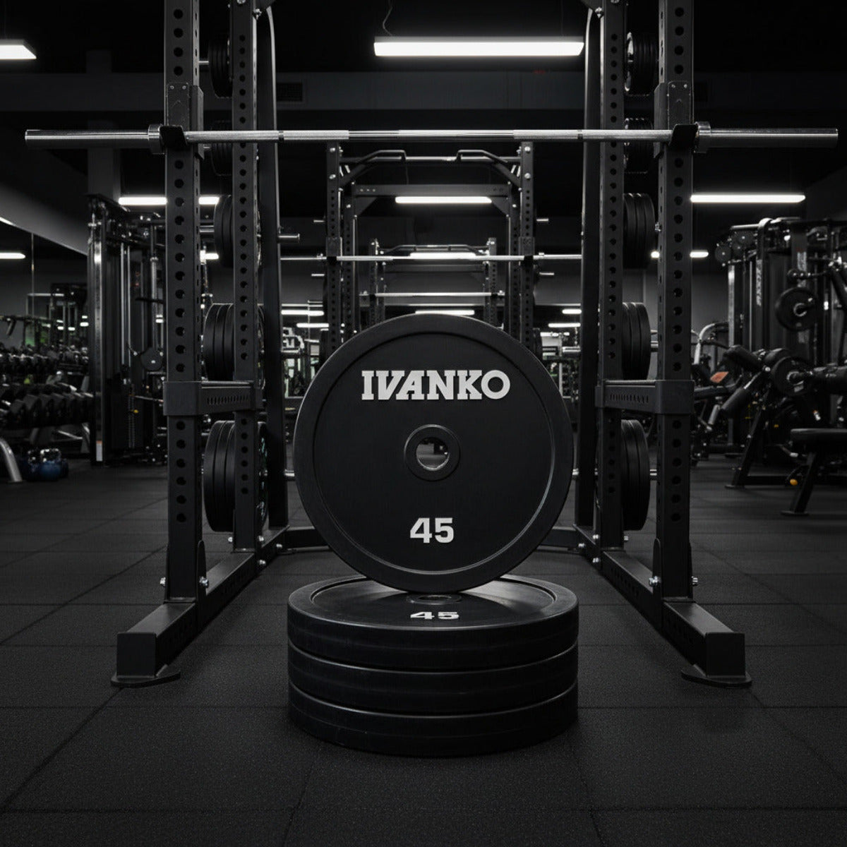 Ivanko RUBO-45 Rubber Encased Olympic Plates in gym