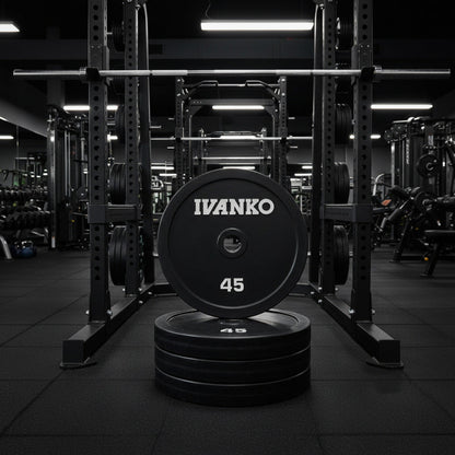 Ivanko RUBO-45 Rubber Encased Olympic Plates in gym
