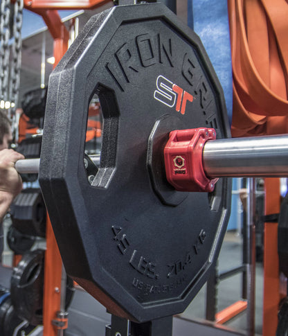 Lock-Jaw Pro 2 Barbell Olympic Collars Red on Olympic bar.
