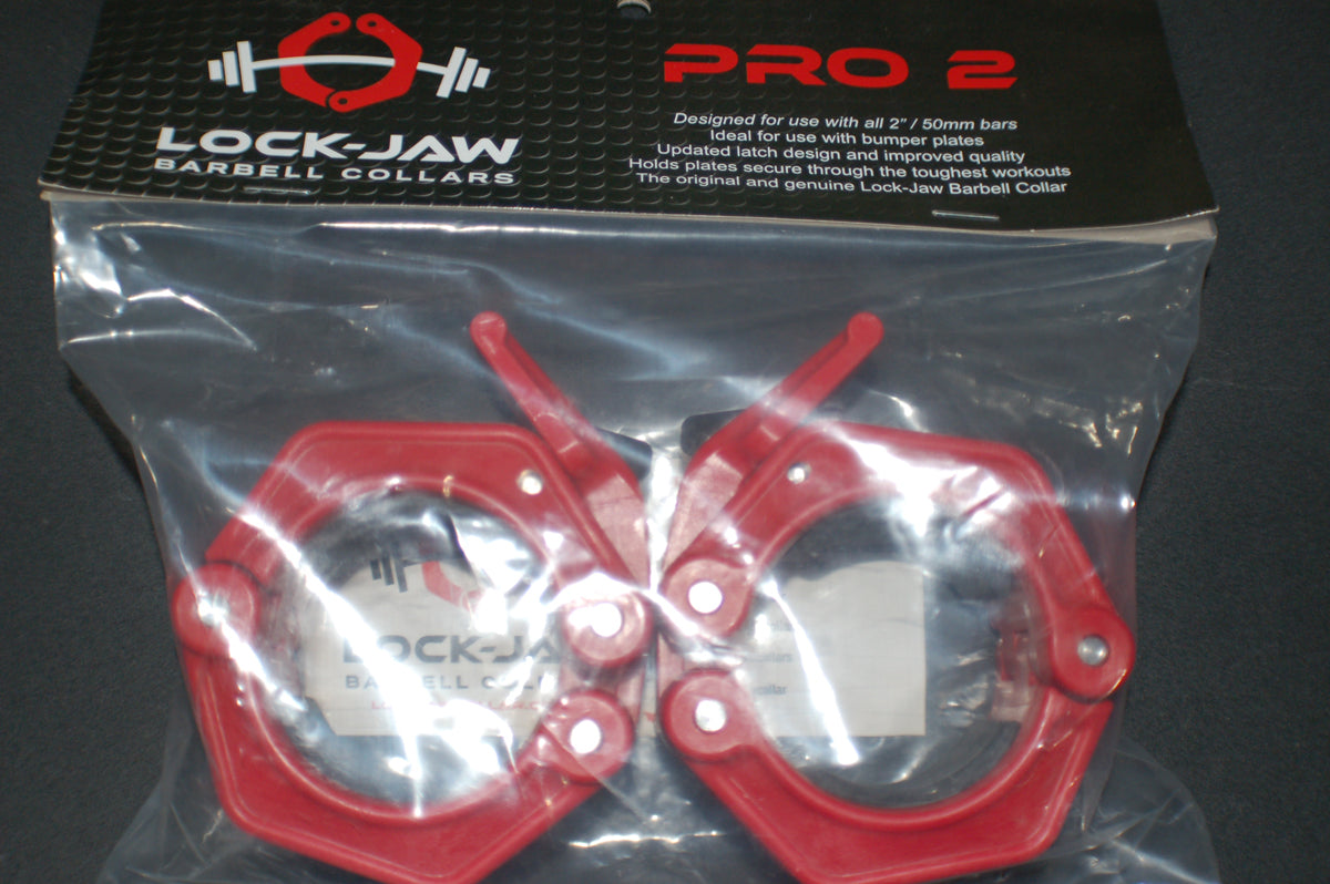 Lock-Jaw Pro 2 Barbell Olympic Collars Red packaged close view  - (1 pair)