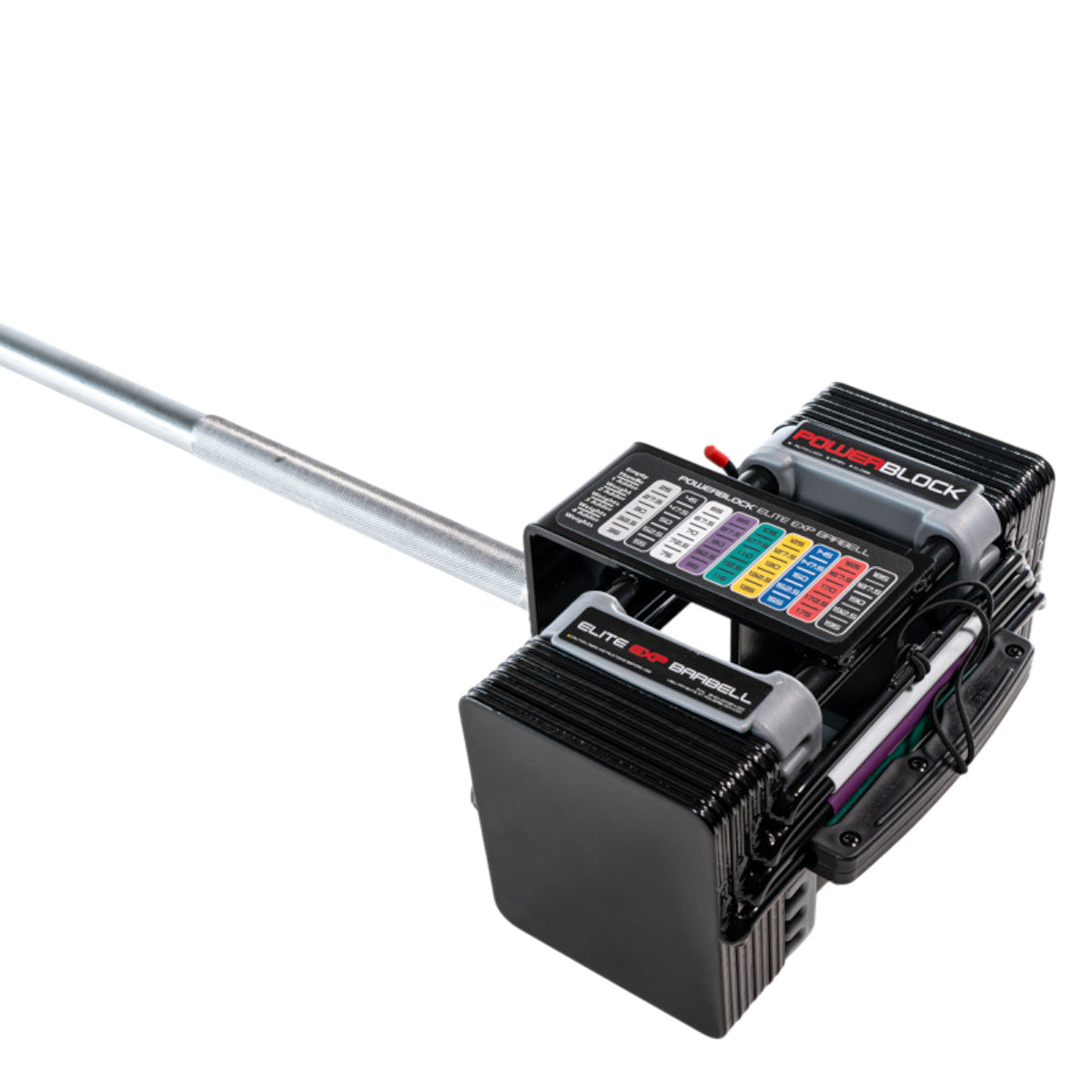 PowerBlock Elite EXP Straight Bar with weights close-up.