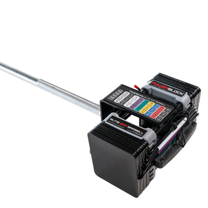 PowerBlock Elite EXP Straight Bar with weights close-up.