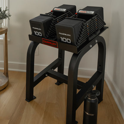 PowerBlock Home Rack Stand with PowerBlock dumbbells.