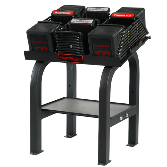 PowerBlock Commercial Pro 100 with Commercial Pro Rack Stand.