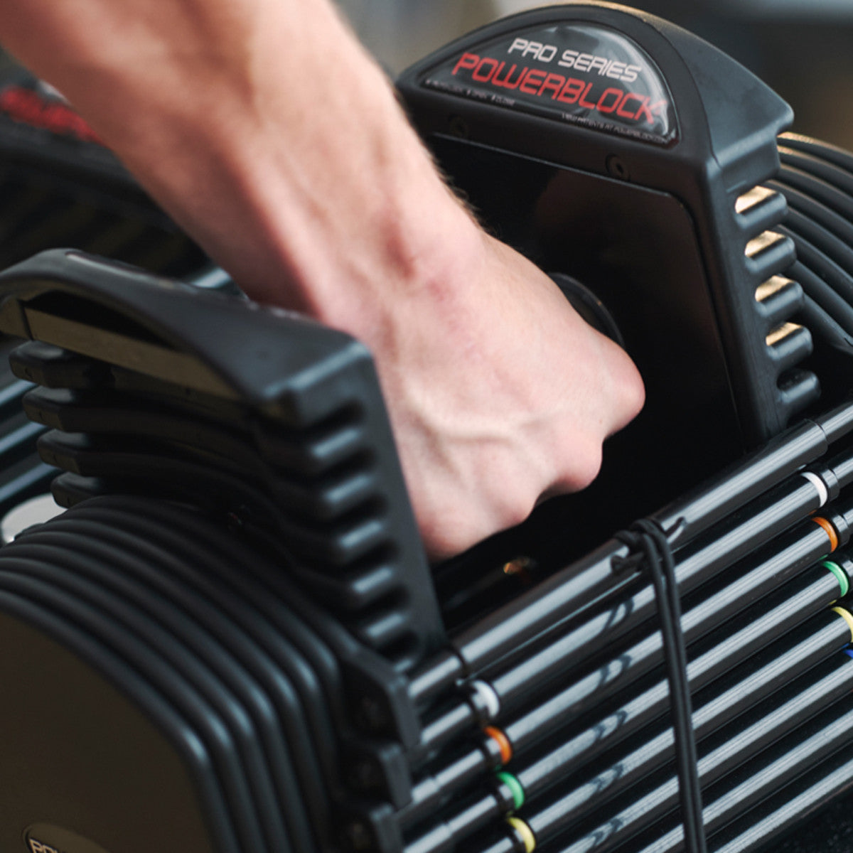 PowerBlock Pro 50 Adjustable Dumbbell weight selection close-up.