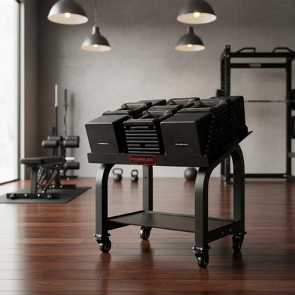 PowerBlock Commercial Pro 175 Set with Pro Max Stand in gym