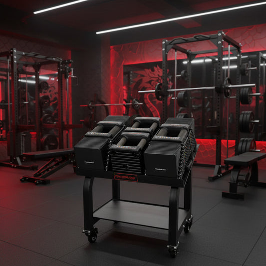 PowerBlock Commercial Pro 175 Set with Pro Max Stand in gym