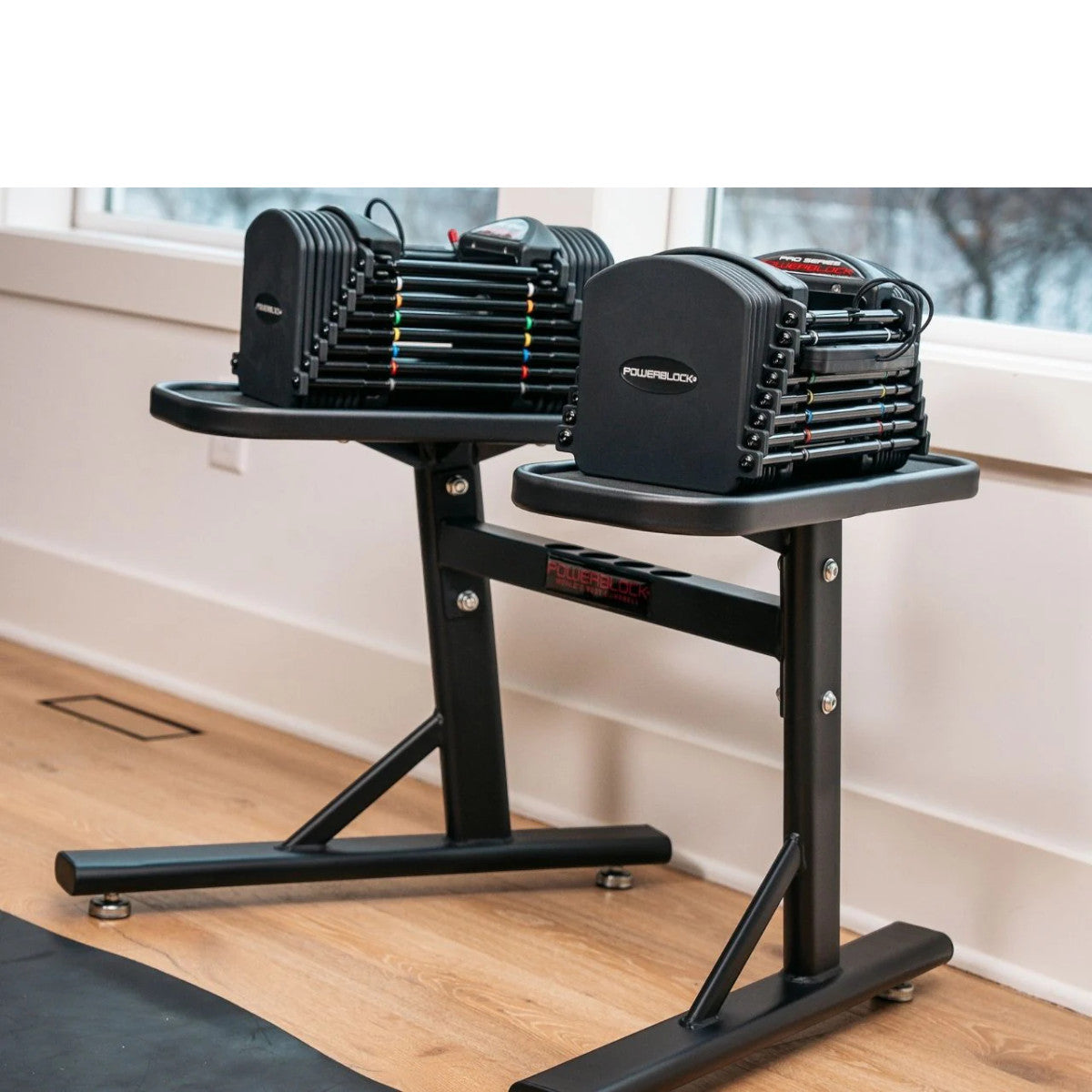 PowerBlock PowerMax 2.0 Stand with dumbbells.