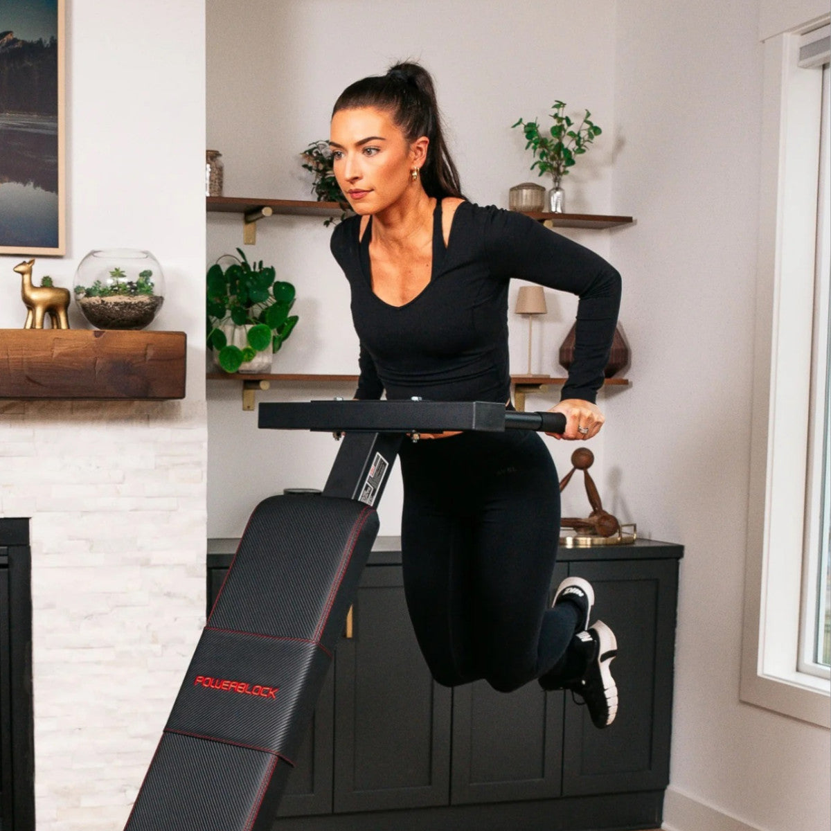 PowerBlock PowerBench 2.0 Dip Attachment dip exercise.