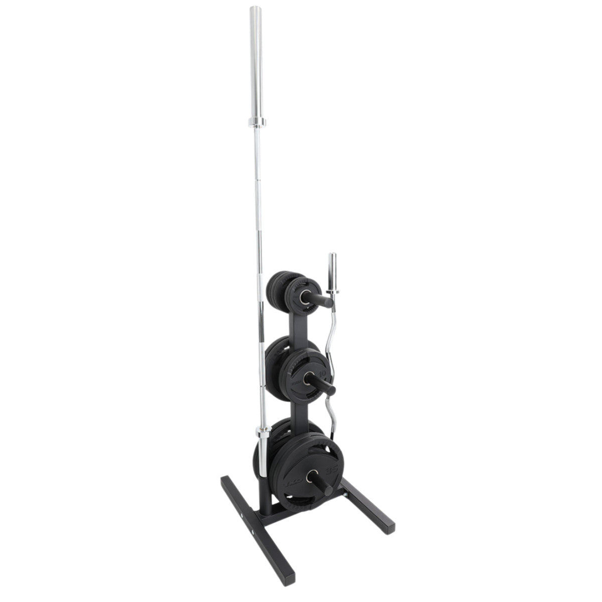 TKO 6205 Olympic Weight Plate Tree with weight plates and Olympic bars in Bar Holders on white background
