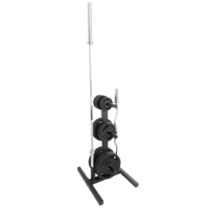 TKO 6205 Olympic Weight Plate Tree with weight plates and Olympic bars in Bar Holders on white background