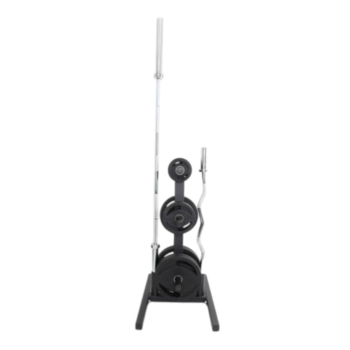 TKO 6205 Olympic Weight Plate Tree with weight plates and Olympic bars in Bar Holders on white background